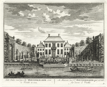 135720 Gezicht over de Vecht bij Breukelen op het huis Boom en Bosch en de tuin voor het huis.